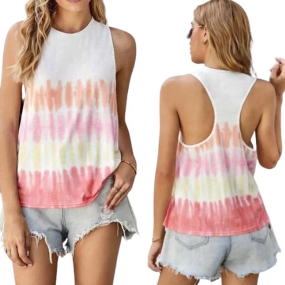 Tie Dye Tank Racer Back Light Weight Orange/Pink/White SZ LARGE - Picture 1 of 14